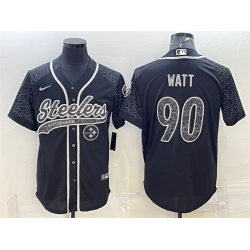 Men Pittsburgh Steelers 90 T J  Watt Black Reflective With Patch Cool Base Stitched Baseball Jersey