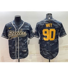 Men Pittsburgh Steelers 90 T  J  Watt Grey Navy Camo With Patch Cool Base Stitched Baseball Jersey