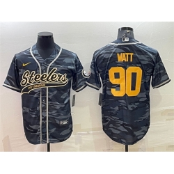 Men Pittsburgh Steelers 90 T  J  Watt Grey Navy Camo With Patch Cool Base Stitched Baseball Jersey