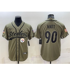 Men Pittsburgh Steelers 90 T J Watt Olive 2022 Salute To Service Cool Base Stitched Baseball Jersey