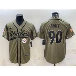 Men Pittsburgh Steelers 90 T J Watt Olive 2022 Salute To Service Cool Base Stitched Baseball Jersey