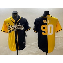 Men Pittsburgh Steelers 90 T  J  Watt Yellow Black Split With Patch Cool Base Stitched Baseball Jersey
