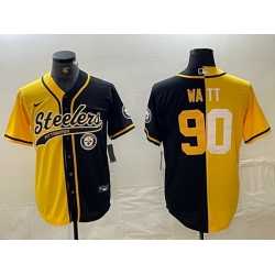 Men Pittsburgh Steelers 90 T  J  Watt Yellow Black Split With Patch Cool Base Stitched Baseball Jerseys