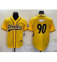 Men Pittsburgh Steelers 90 T J  Watt Yellow With Patch Cool Base Stitched Baseball Jersey