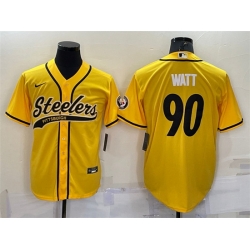 Men Pittsburgh Steelers 90 T J  Watt Yellow With Patch Cool Base Stitched Baseball Jersey