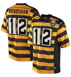 Mens Nike Pittsburgh Steelers 12 Terry Bradshaw Game YellowBlack Alternate 80TH Anniversary Throwback NFL Jersey