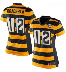Womens Nike Pittsburgh Steelers 12 Terry Bradshaw Game YellowBlack Alternate 80TH Anniversary Throwback NFL Jersey