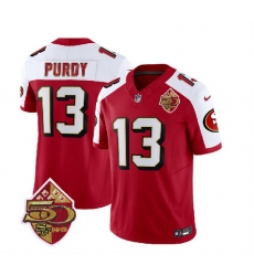 Men San Francisco 49ers 13 Brock Purdy Red White 2023 F U S E  50th Patch Throwback Stitched Football Jersey