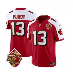 Men San Francisco 49ers 13 Brock Purdy Red White 2023 F U S E  50th Patch Throwback Stitched Football Jersey