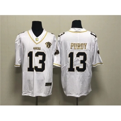 Men San Francisco 49ers 13 Brock Purdy White Gold With 75th Anniversary Patch Stitched Jersey