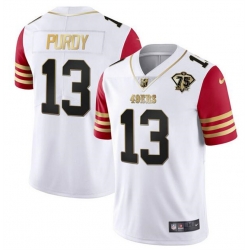 Men San Francisco 49ers 13 Brock Purdy White Red With 75th Anniversary Patch Stitched Jersey