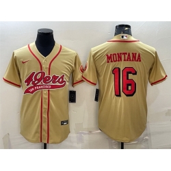 Men San Francisco 49ers 16 Joe Montana New Gold With Patch Cool Base Stitched Baseball Jersey