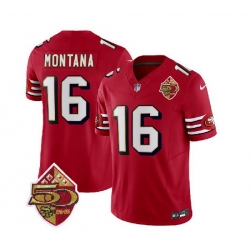 Men San Francisco 49ers 16 Joe Montana Red 2023 F U S E  50th Patch Throwback Stitched Football Jersey