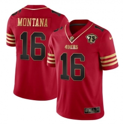 Men San Francisco 49ers 16 Joe Montana Red Gold With 75th Anniversary Patch Stitched Jersey