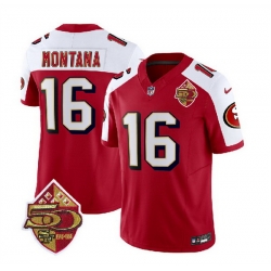 Men San Francisco 49ers 16 Joe Montana Red White 2023 F U S E  50th Patch Throwback Stitched Football Jersey