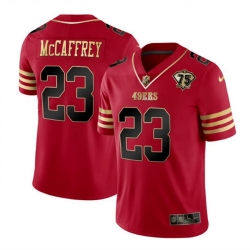 Men San Francisco 49ers 23 Christian McCaffrey Red Gold With 75th Patch Cool Base Stitched Jersey