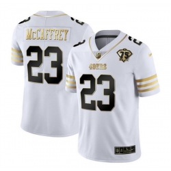 Men San Francisco 49ers 23 Christian McCaffrey White Gold With 75th Patch Stitched Jersey