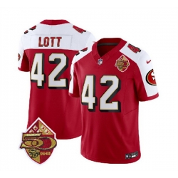 Men San Francisco 49ers 42 Ronnie Lott Red White 2023 F U S E  50th Patch Throwback Stitched Football Jersey