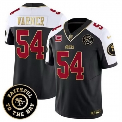 Men San Francisco 49ers 54 Fred Warner White Balck 2023 F U S E  With 3 Star C Patch And Faithful To The Bay Patch Stitched Football Jersey