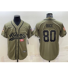 Men San Francisco 49ers 80 Jerry Rice 2022 Olive Salute To Service Cool Base Stitched Baseball Jersey