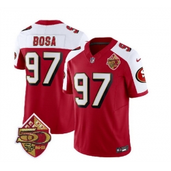 Men San Francisco 49ers 97 Nick Bosa Red White 2023 F U S E  50th Patch Throwback Stitched Football Jersey