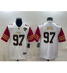 Men San Francisco 49ers 97 Nick Bosa White Gold With 75th Anniversary Patch Stitched Jersey