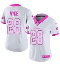 Nike 49ers #28 Carlos Hyde White Pink Womens Stitched NFL Limited Rush Fashion Jersey