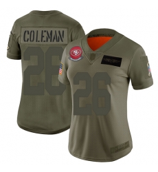Women 49ers 26 Tevin Coleman Camo Stitched Football Limited 2019 Salute to Service Jersey