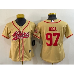 Women San Francisco 49ers 97 Nick Bosa Gold With Patch Cool Base Stitched Baseball Jersey