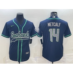 Men Seattle Seahawks 14 DK Metcalf Navy With Patch Cool Base Stitched Baseball Jersey