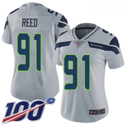 Seahawks #91 Jarran Reed Grey Alternate Women Stitched Football 100th Season Vapor Limited Jersey