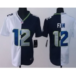 Women Nike Seattle Seahawks 12# Fan White Blue Split NFL Jerseys
