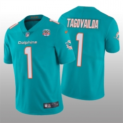Men Miami Dolphins 1 Tua Tagovailoa 2022 Aqua With 50th Perfect Season Patch Limited Stitched Jersey