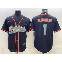 Men Miami Dolphins 1 Tua Tagovailoa Black With Patch Cool Base Stitched Baseball Jersey