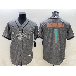 Men Miami Dolphins 1 Tua Tagovailoa Grey With Patch Cool Base Stitched Baseball Jersey