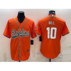 Men Miami Dolphins 10 Tyreek Hill Orange With Patch Cool Base Stitched Baseball Jersey