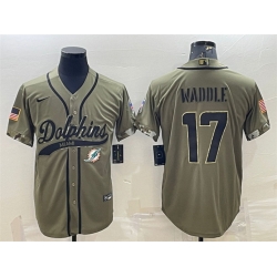 Men Miami Dolphins 17 Jaylen Waddle Olive 2022 Salute To Service Cool Base Stitched Baseball Jersey