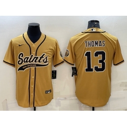 Men New Orleans Saints 13 Michael Thomas Gold With Patch Cool Base Stitched Baseball Jersey