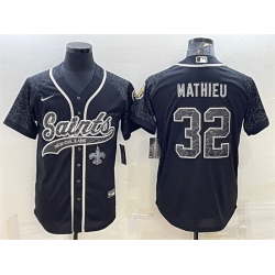 Men New Orleans Saints 32 Tyrann Mathieu Black Reflective With Patch Cool Base Stitched Baseball Jersey