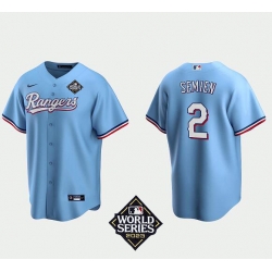 Men's Texas Rangers #2 Marcus Semien Light Blue Cool Base 2023 World Series Patch Stitched Baseball Jersey