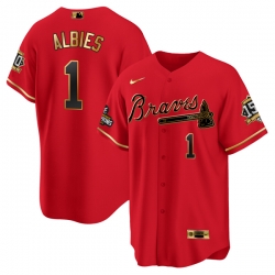 Men Atlanta Braves 1 Ozzie Albies 2021 Red Gold World Series Champions With 150th Anniversary Patch Cool Base Stitched Jersey