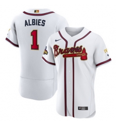 Men Atlanta Braves 1 Ozzie Albies 2022 White Gold World Series Champions Program Flex Base Stitched Baseball jersey