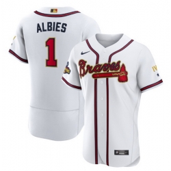 Men Atlanta Braves 1 Ozzie Albies 2022 White Gold World Series Champions Program Flex Base Stitched Baseball jersey