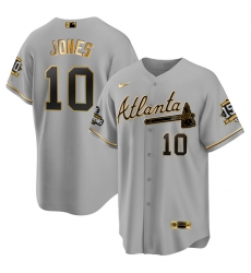 Men Atlanta Braves 10 Chipper Jones 2021 Grey Gold World Series Champions With 150th Anniversary Patch Cool Base Stitched Jersey