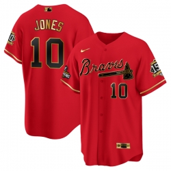 Men Atlanta Braves 10 Chipper Jones 2021 Red Gold World Series Champions With 150th Anniversary Patch Cool Base Stitched Jersey