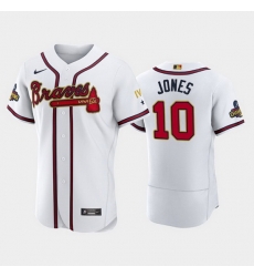 Men Atlanta Braves 10 Chipper Jones 2022 White Gold World Series Champions Program Flex Base Stitched Baseball jersey