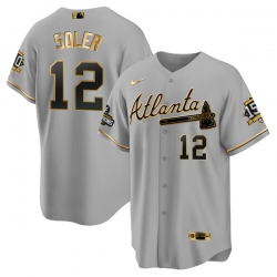 Men Atlanta Braves 12 Jorge Soler 2021 Grey Gold World Series Champions With 150th Anniversary Patch Cool Base Stitched Jersey