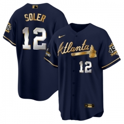 Men Atlanta Braves 12 Jorge Soler 2021 Navy Gold World Series Champions With 150th Anniversary Patch Cool Base Stitched Jersey