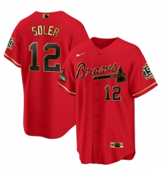 Men Atlanta Braves 12 Jorge Soler 2021 Red Gold World Series Champions With 150th Anniversary Patch Cool Base Stitched Jersey