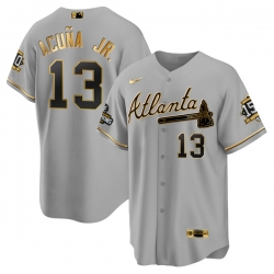 Men Atlanta Braves 13 Ronald Acuna Jr  2021 Grey Gold World Series Champions With 150th Anniversary Patch Cool Base Stitched Jersey